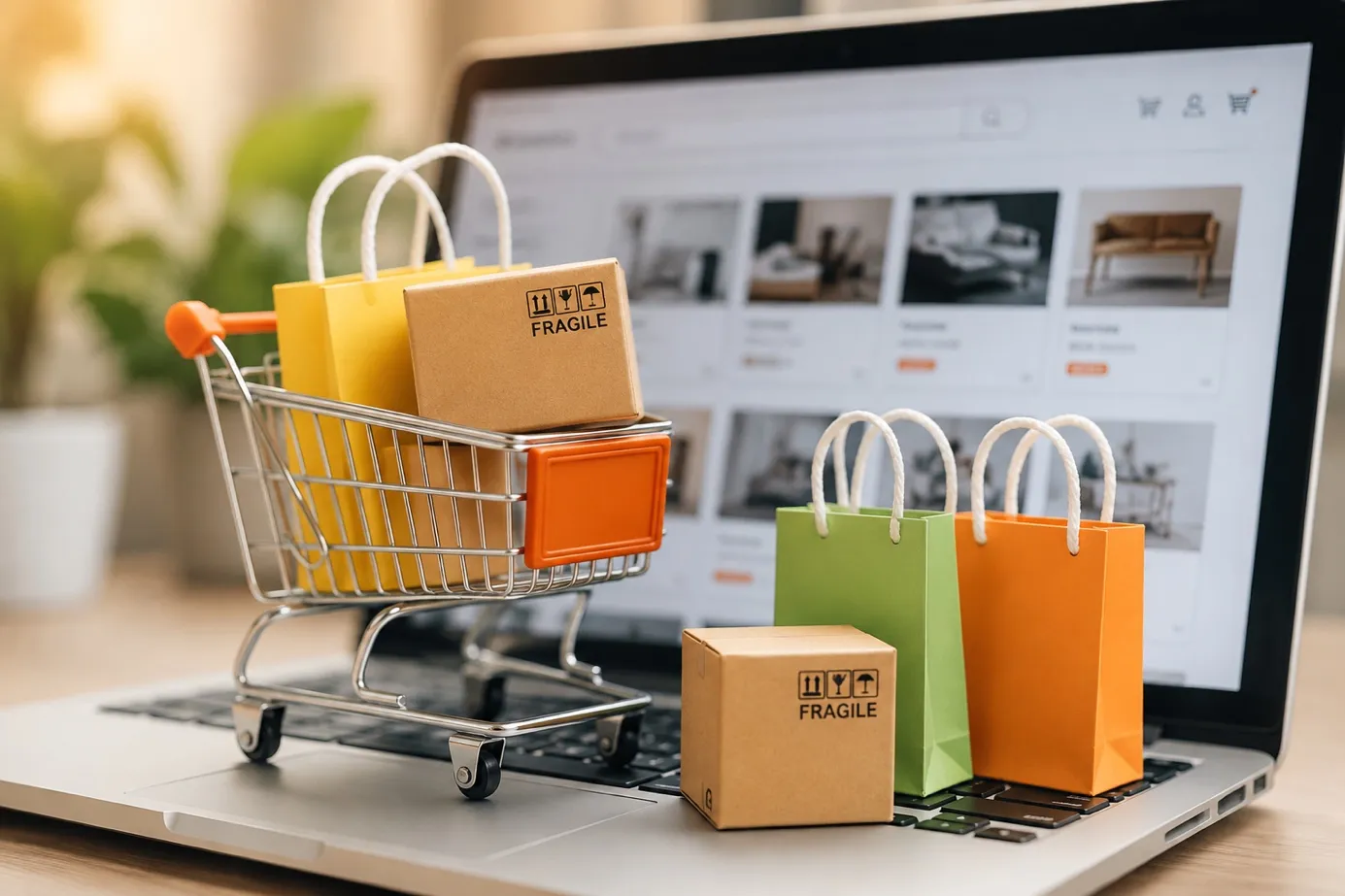 Dizüstü bilgisayar üzerinde alışveriş sepeti ve hediye paketleri — çevrim içi alışveriş deneyimi