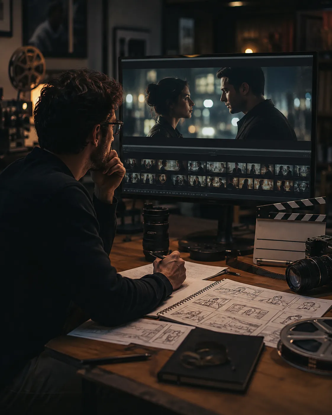 Kurgu masasında storyboard ve zaman çizelgesiyle fragman üzerinde çalışan bir kurgucu