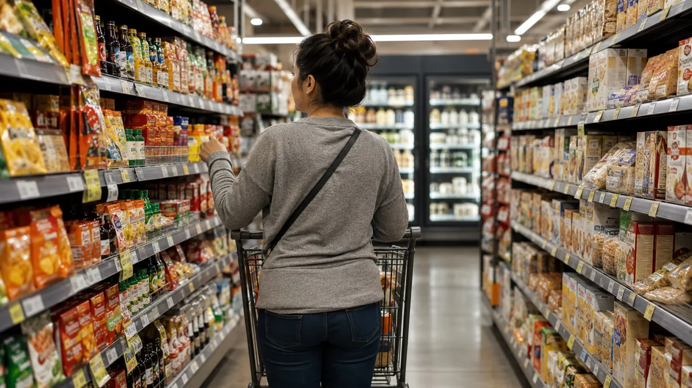 Market rafları arasında ürün inceleyen alışveriş arabalı müşteri