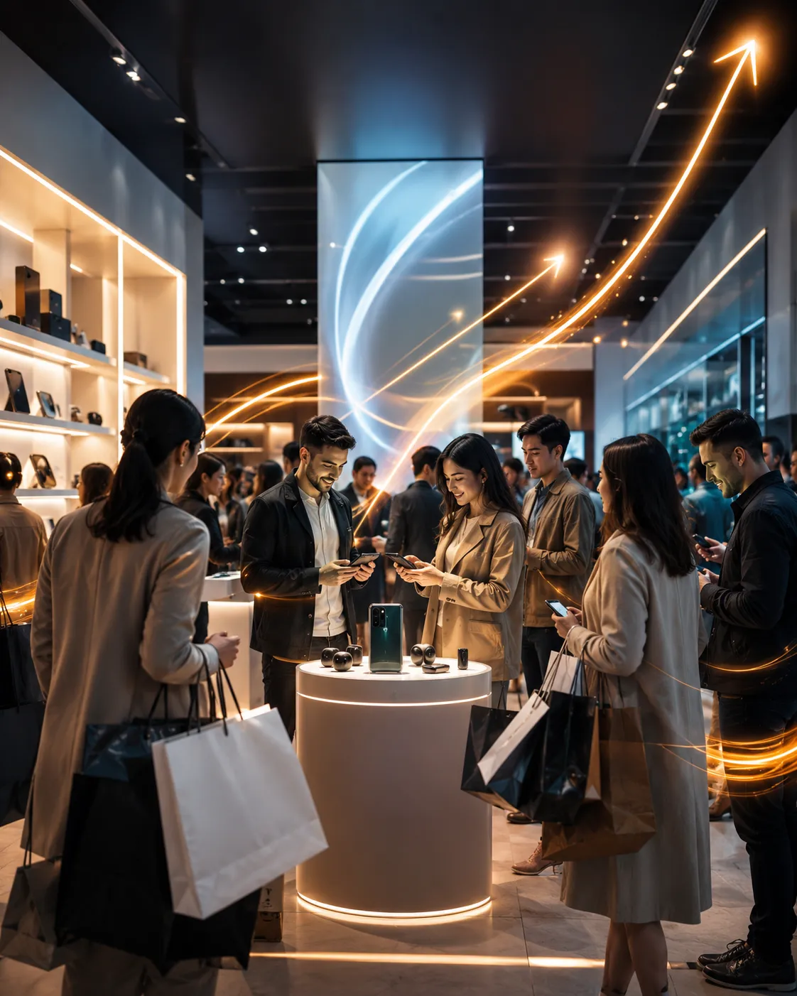A crowd examining products at a launch event with rising light trails