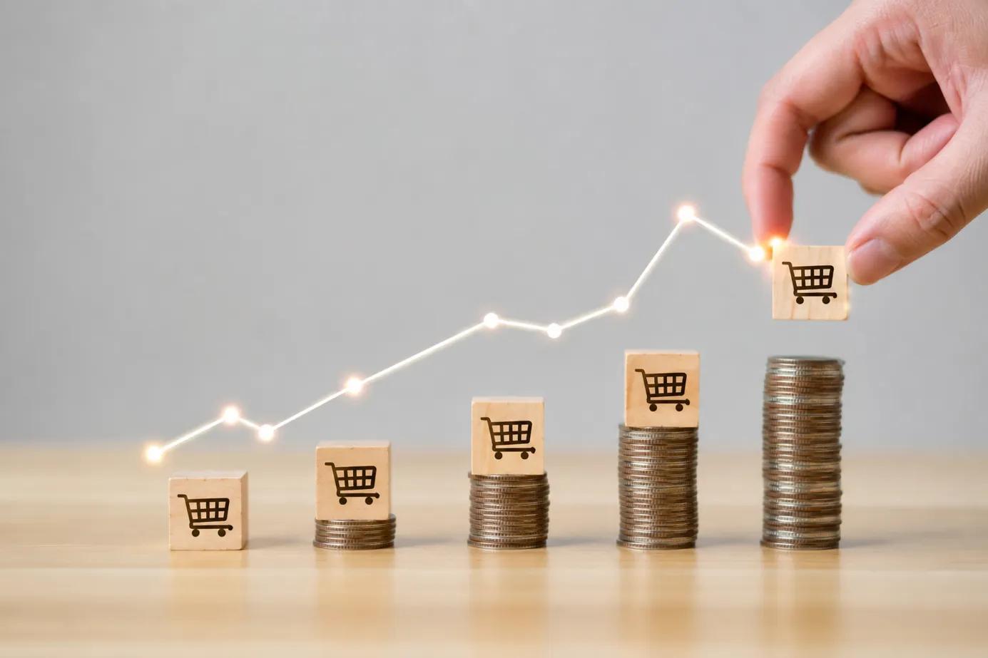 Blocks with cart icons and a rising performance chart