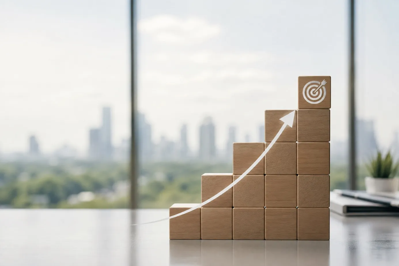A staircase of blocks reaching a target with a rising arrow