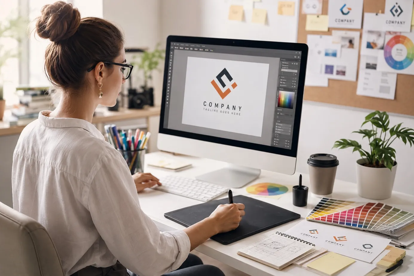 Graphic designer reviewing a logo design on a computer screen