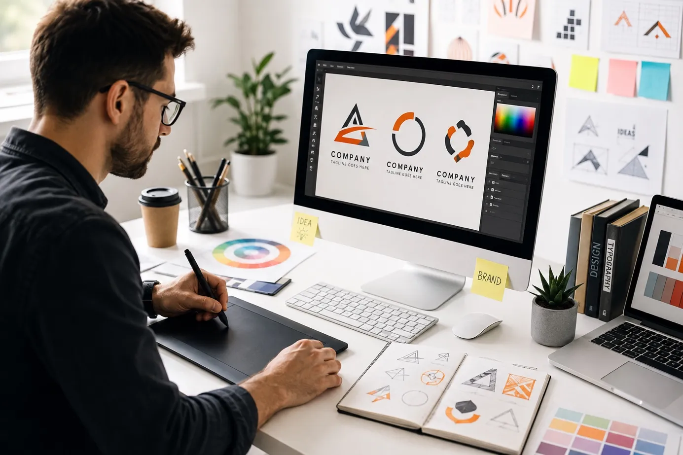 Designer comparing three different logo alternatives on screen