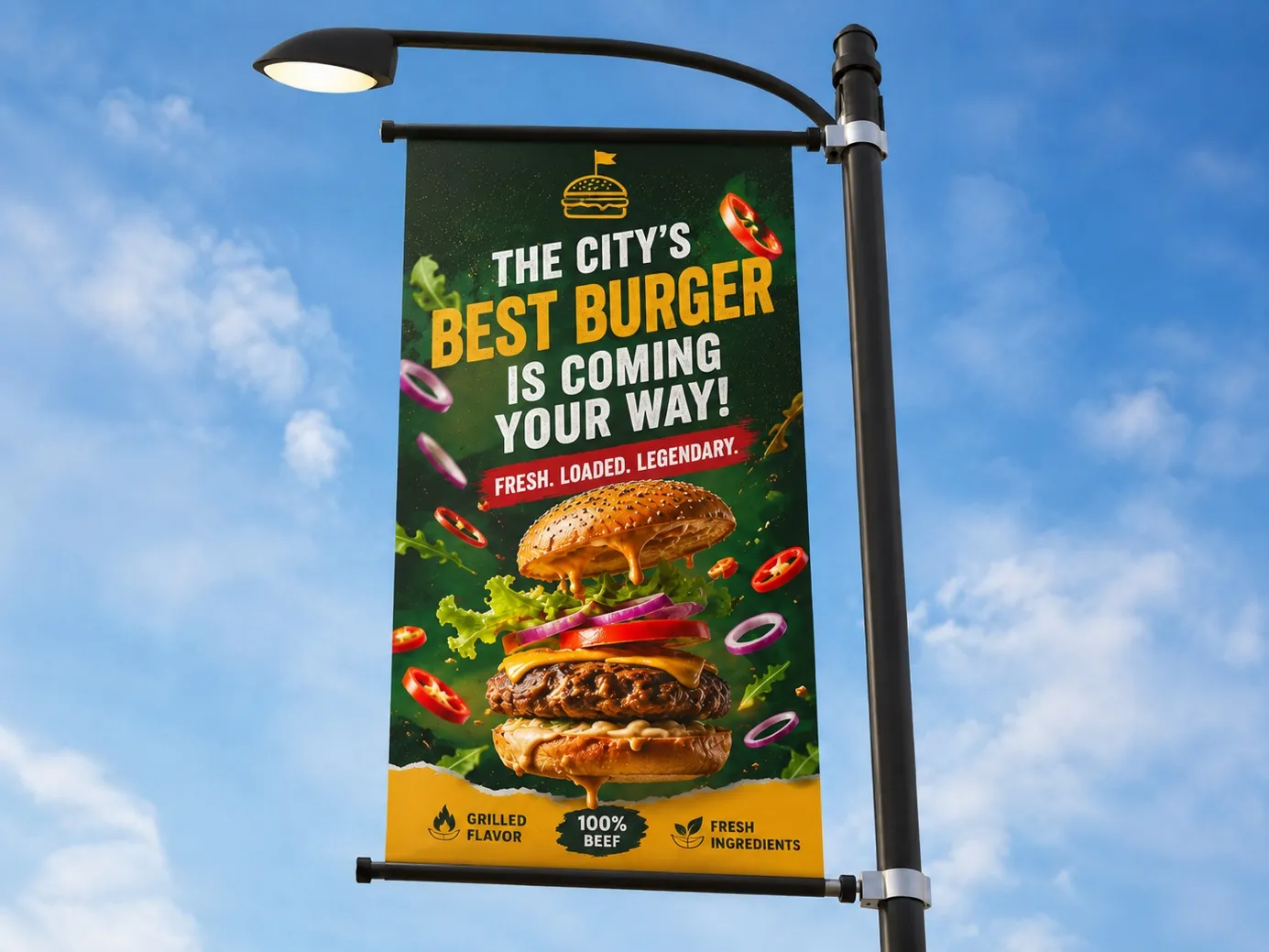 Aydınlatma direğinde asılı hamburger reklam bannerı