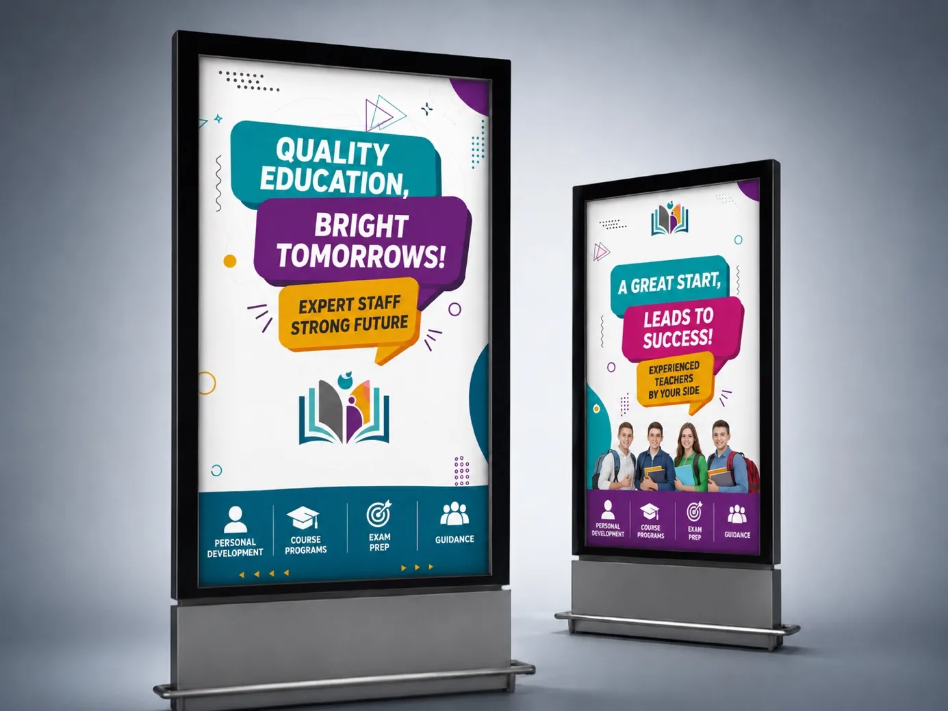 İki farklı eğitim kurumu afiş tasarımının ayaklı reklam panolarında sergilenmesi