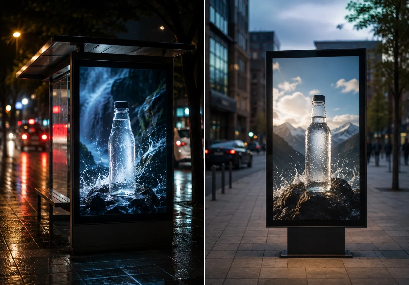 Two billboard versions of the same water bottle ad displayed in night and daytime settings