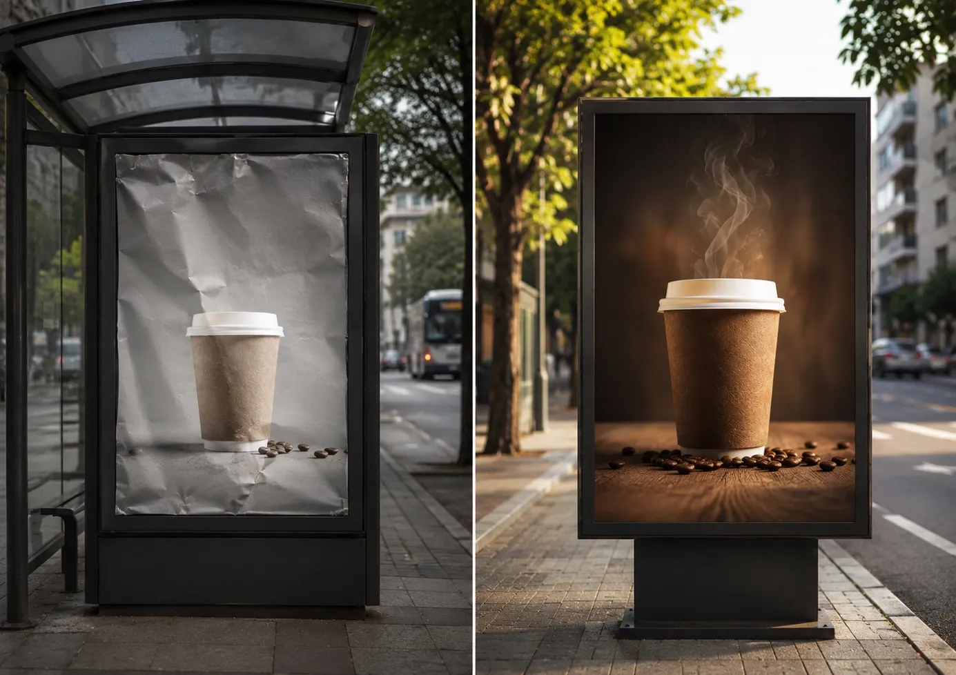 Old and new coffee poster designs compared on bus stop ad panels