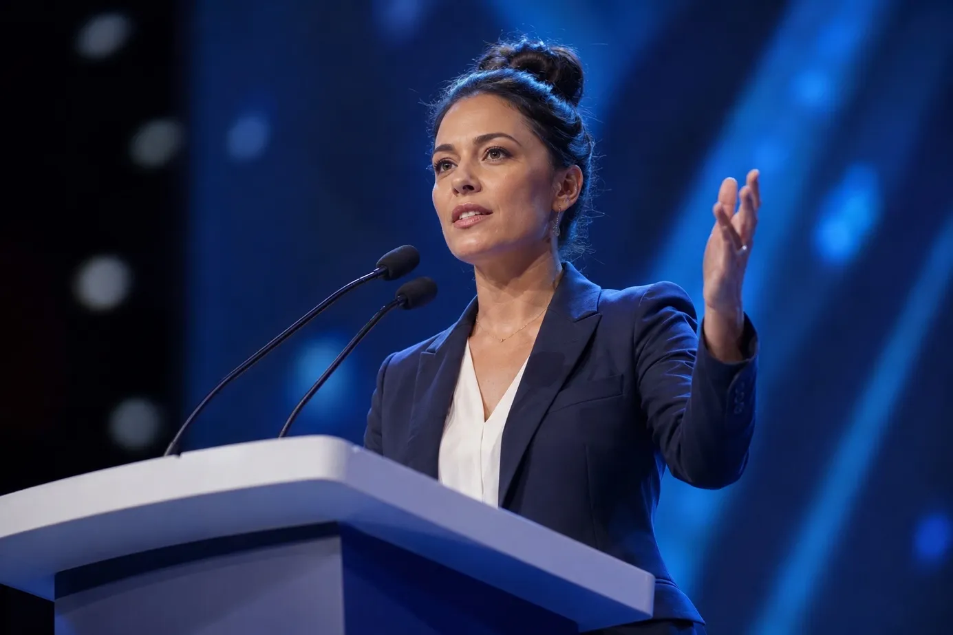 Female politician giving a speech at a podium on a blue stage
