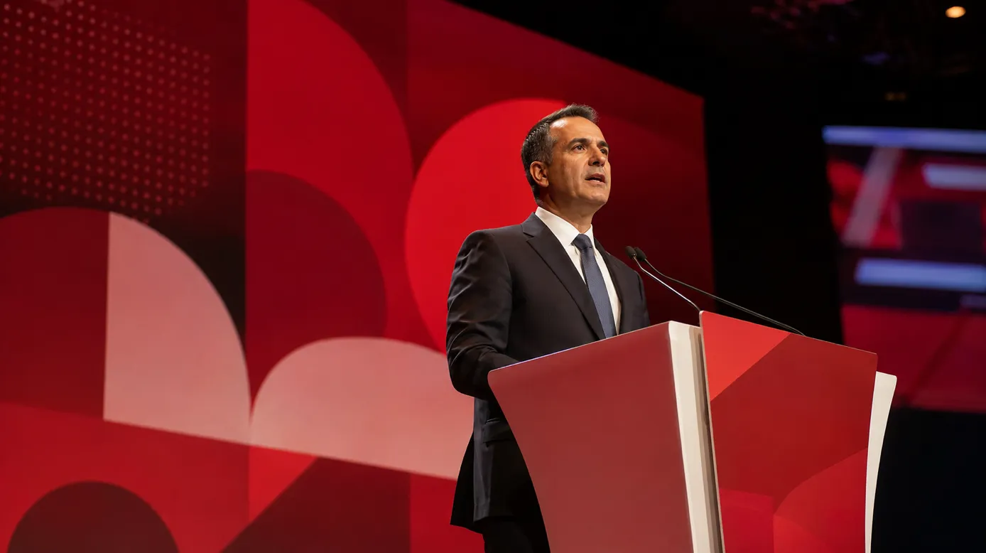 Speaker addressing an audience from a podium on a red stage