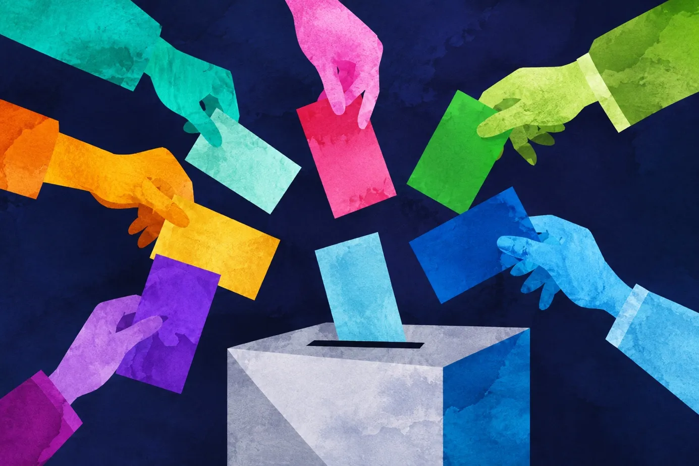 Illustration of voters' hands casting colorful ballots into a ballot box