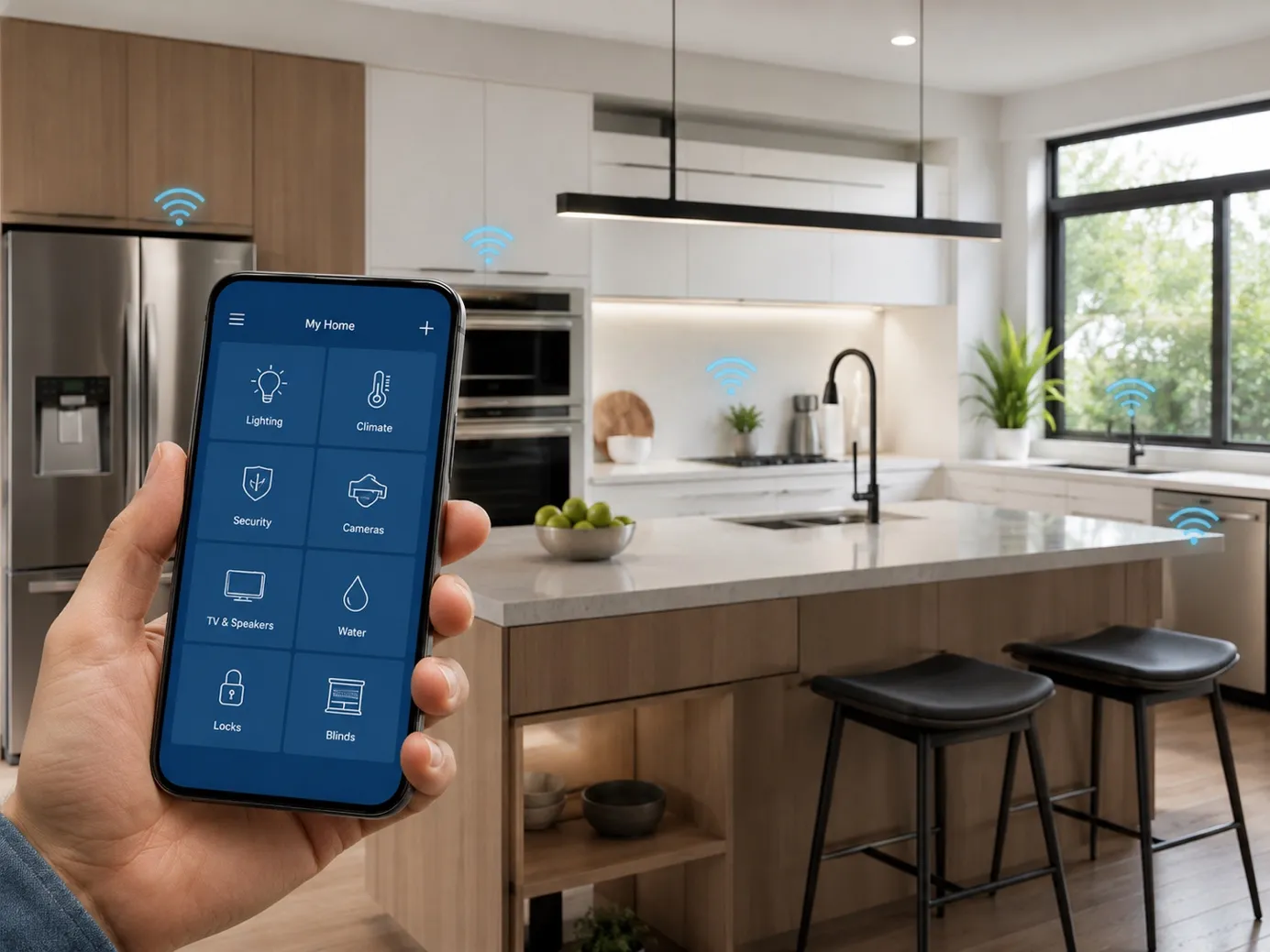 User holding a phone with a smart home app open in a kitchen