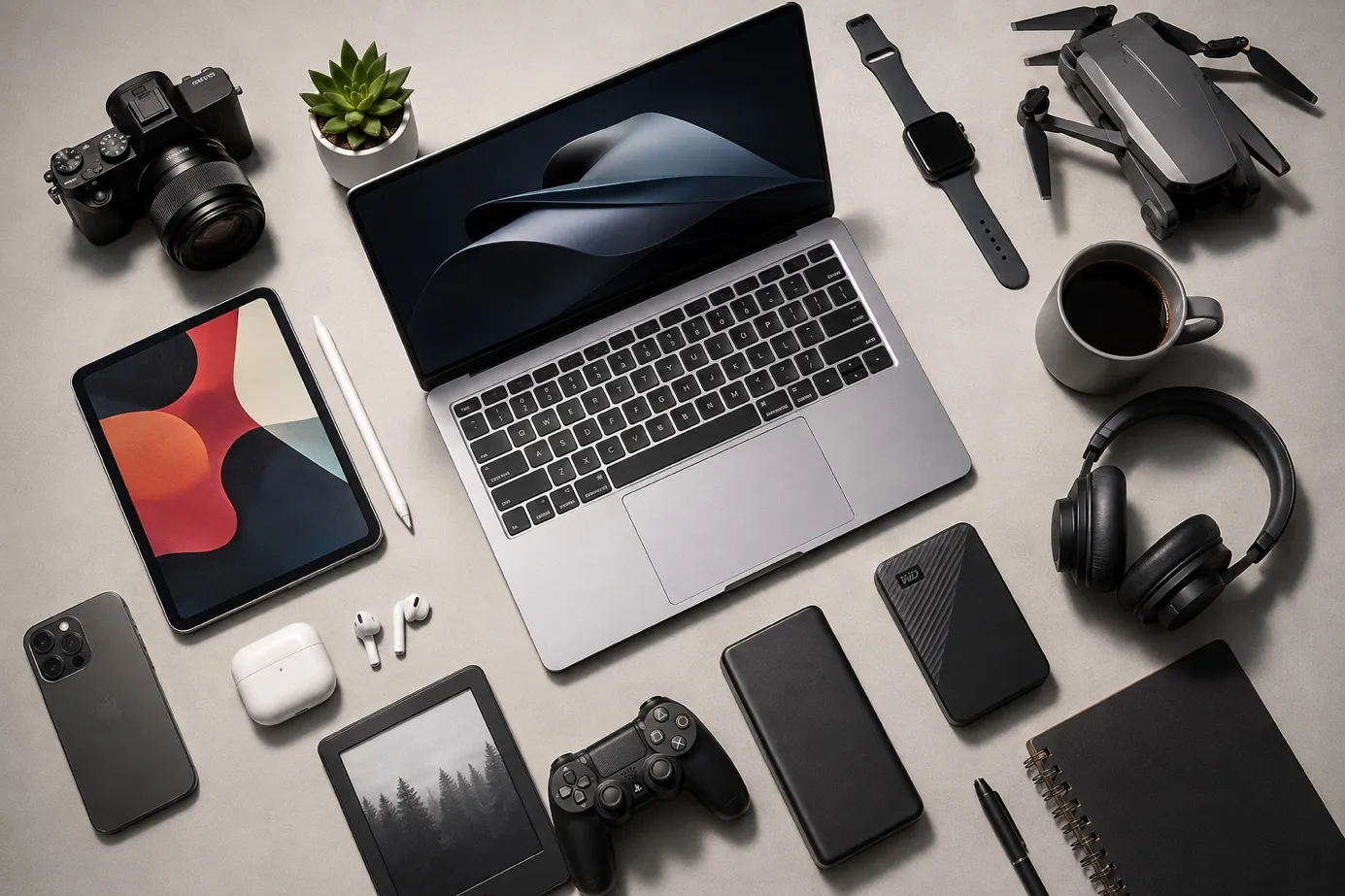 Neat arrangement of technology products such as a laptop, tablet, smartwatch and drone