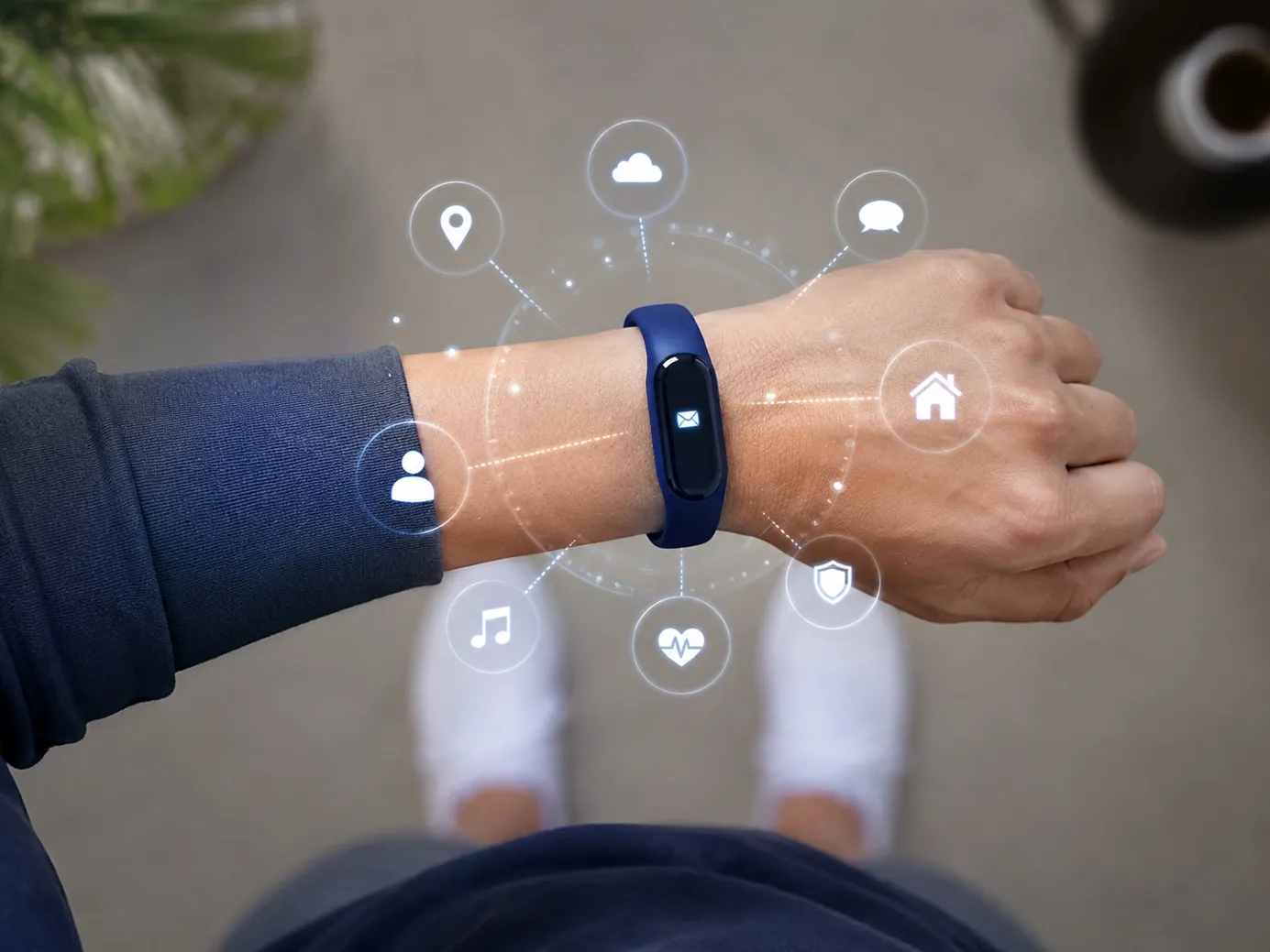 Smart band on a wrist with app icons appearing around it