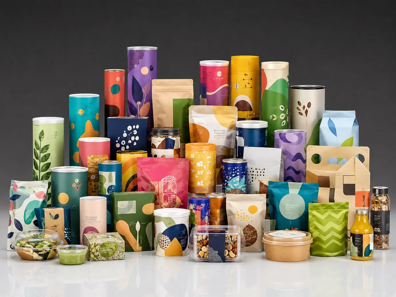 Product collection of boxes, bottles and pouches with colorful packaging designs