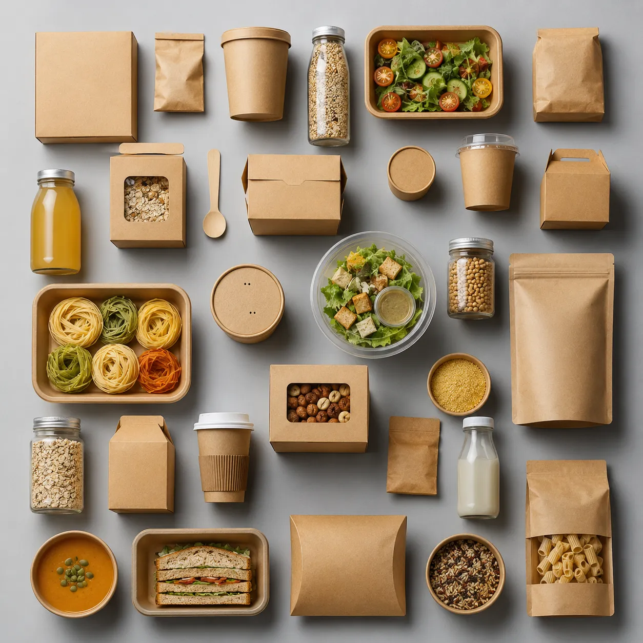 Packaging design collection of neatly displayed kraft-packaged food products
