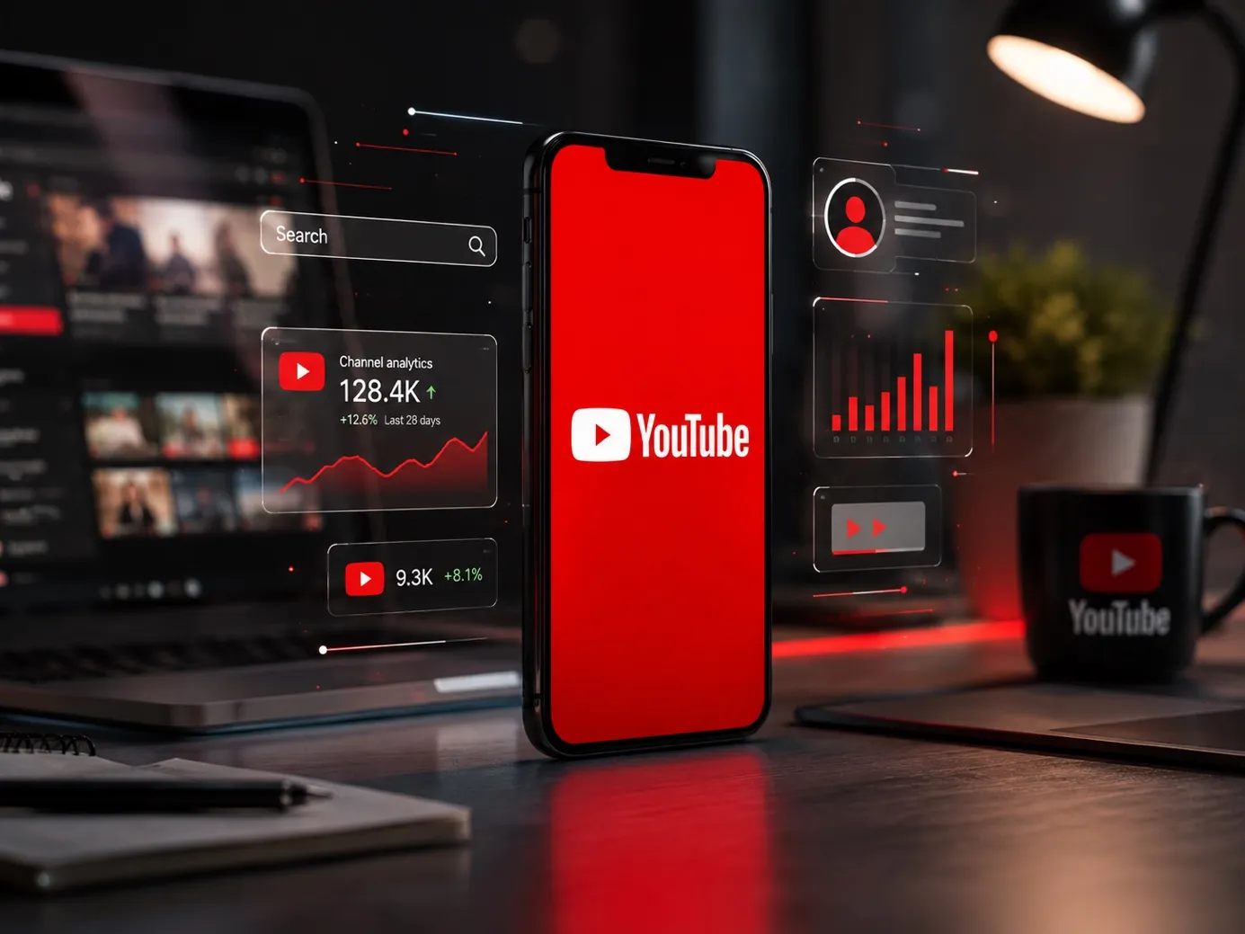 A phone surrounded by YouTube channel analytics panels