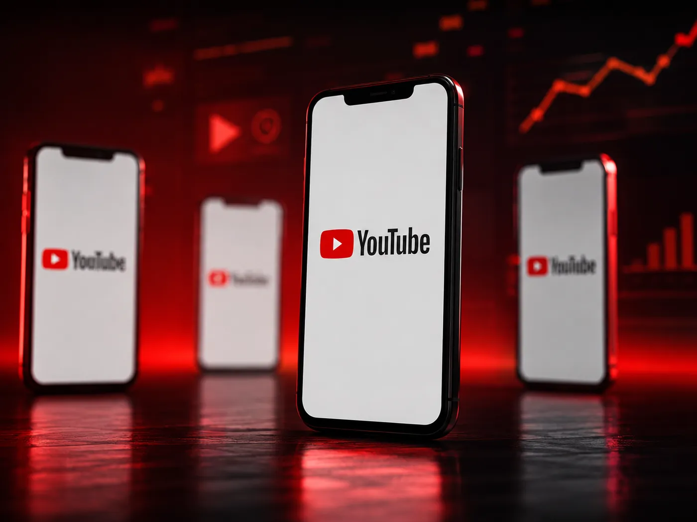 Phones with YouTube open in front of a rising view chart