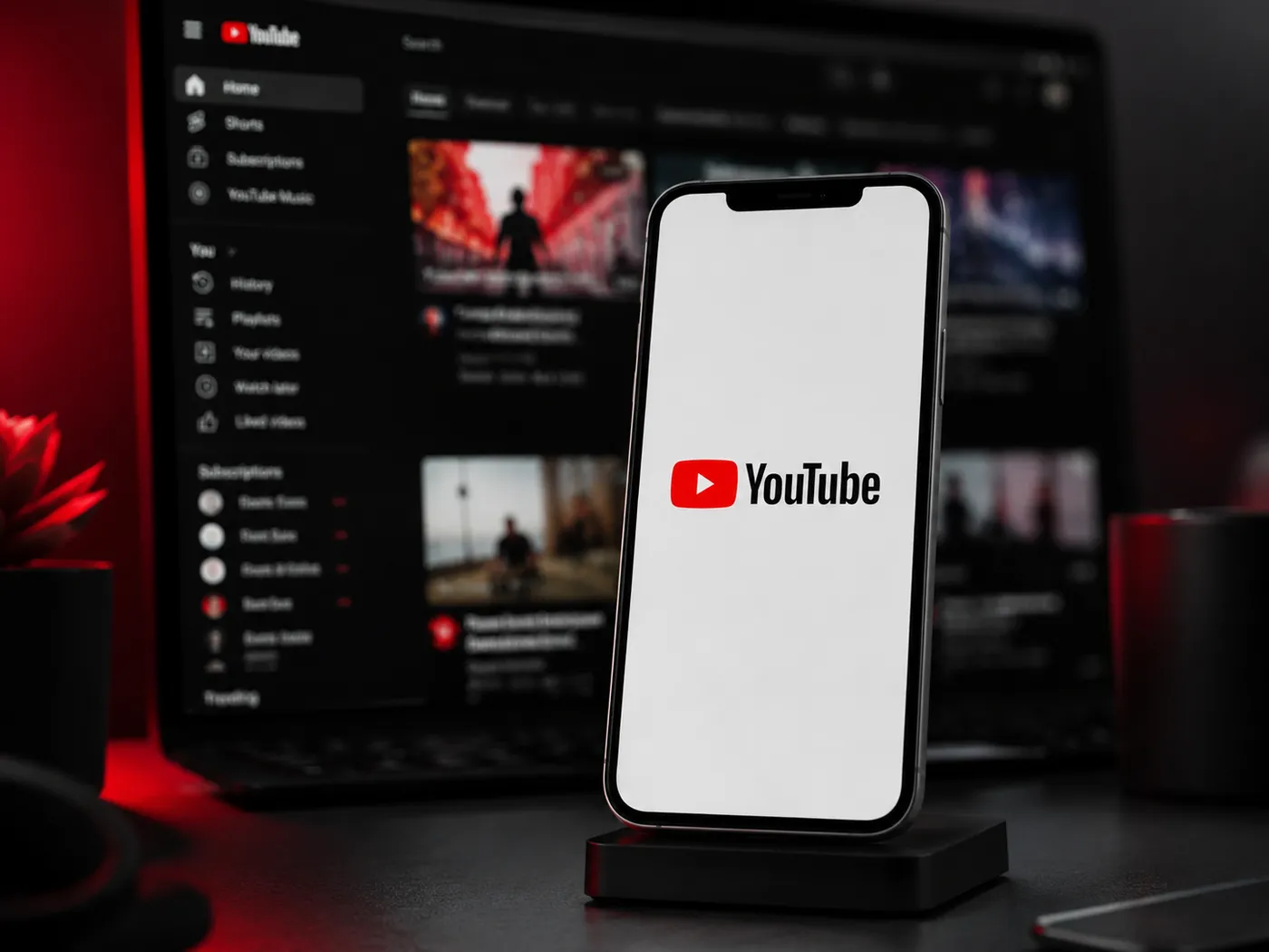 YouTube interface on a desktop with a phone in front